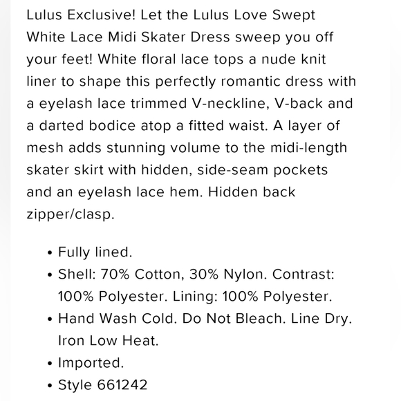 Lulu's Love Swept White Lace Midi Skater Dress, size S - Picture 6 of 12